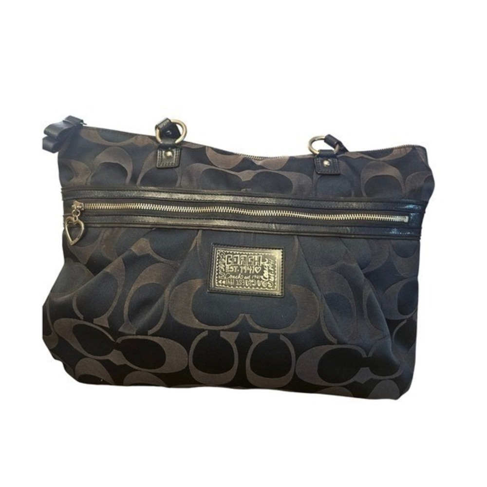 Coach Poppy Navy Signature Jacquard Tote Bag‎ Heart Zipper Pull 15312 - Picture 2 of 13